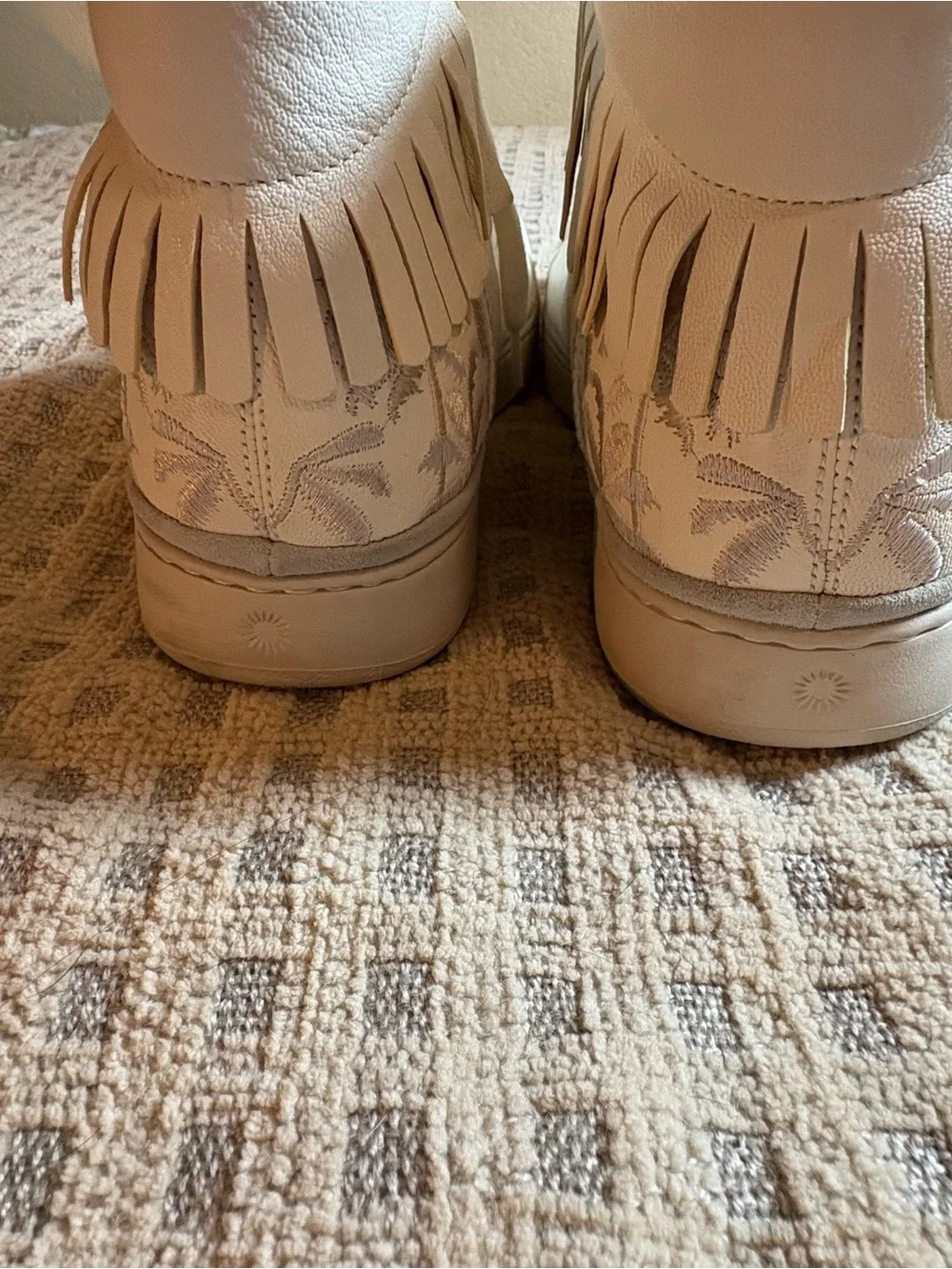 UGG Cream Leather High-Top Sneakers with Fringe